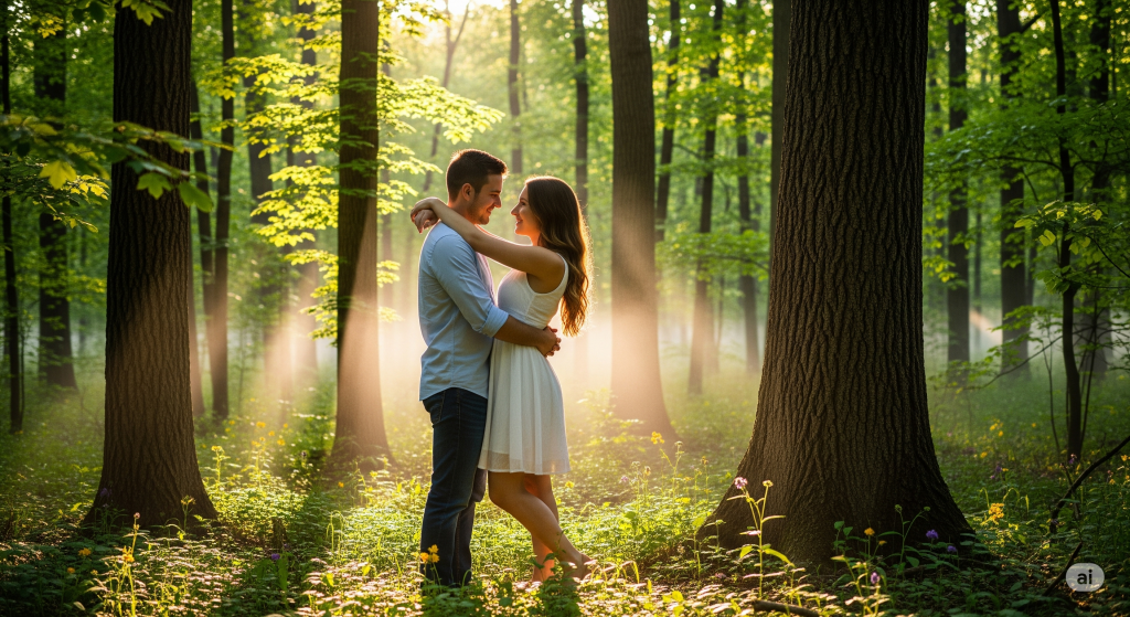 Personalisiertes Liebeslied. Ein emotionales Geschenk das zu tränen rührt. Paar im Wald umarmt sich